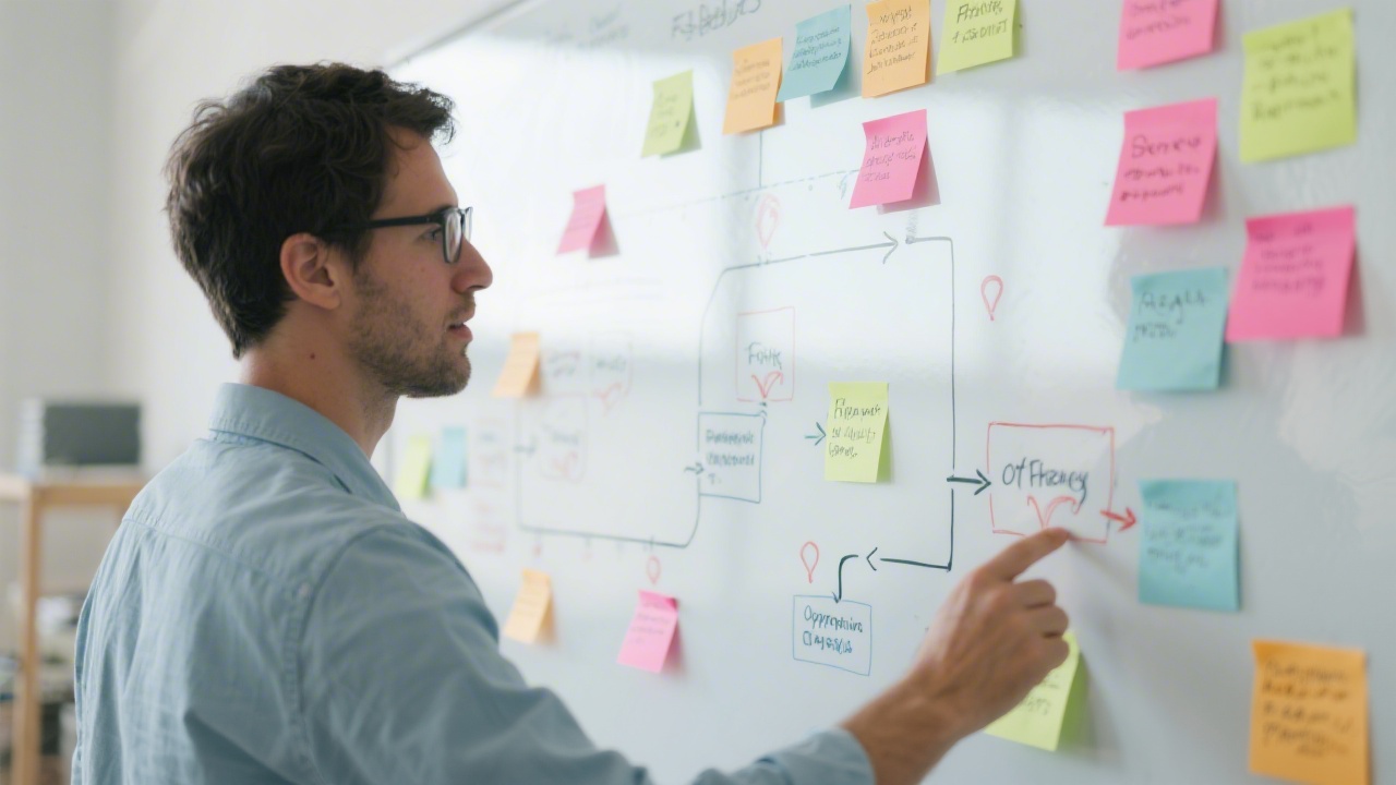 UX analyst reviewing product flow map on a large whiteboard with sticky notes, highlighting friction points and opportunity areas for improvement.