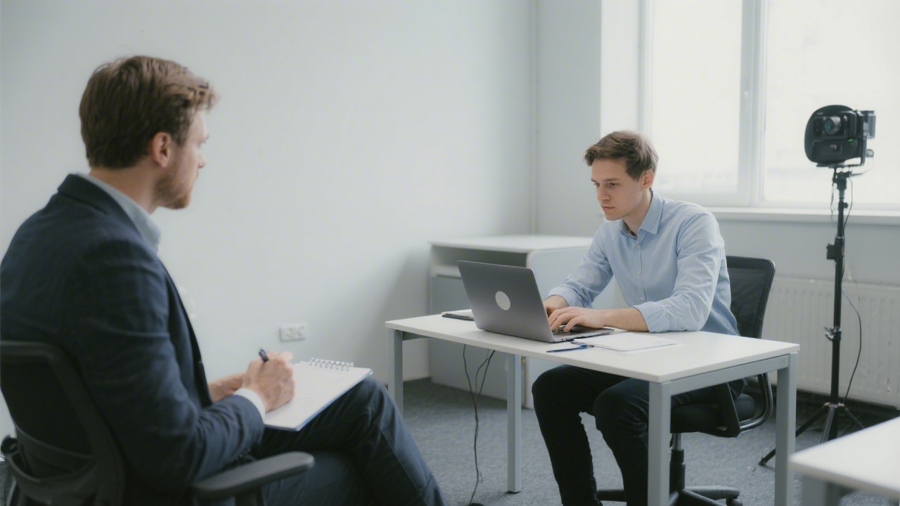 Usability testing session with a participant using a laptop while a moderator observes and takes notes in a neutral, professional environment.